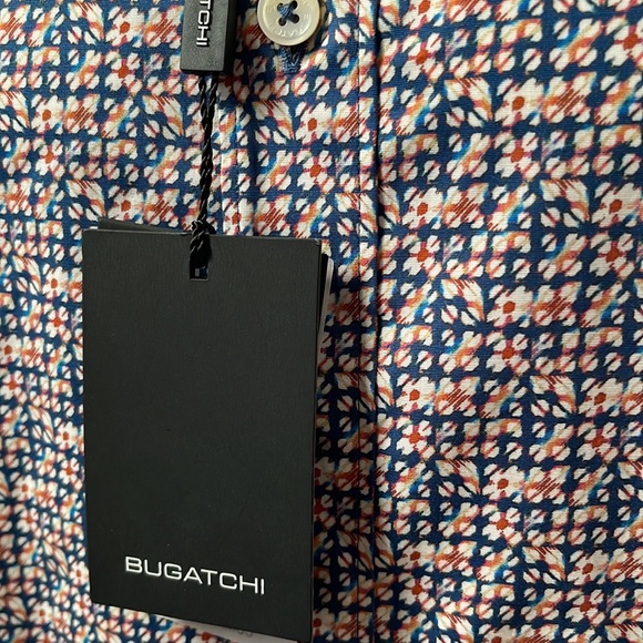Bugatchi Comfort Stretch Coral/Blue Pattern Shaped Fit Button Down Shirt - Picture 3 of 6